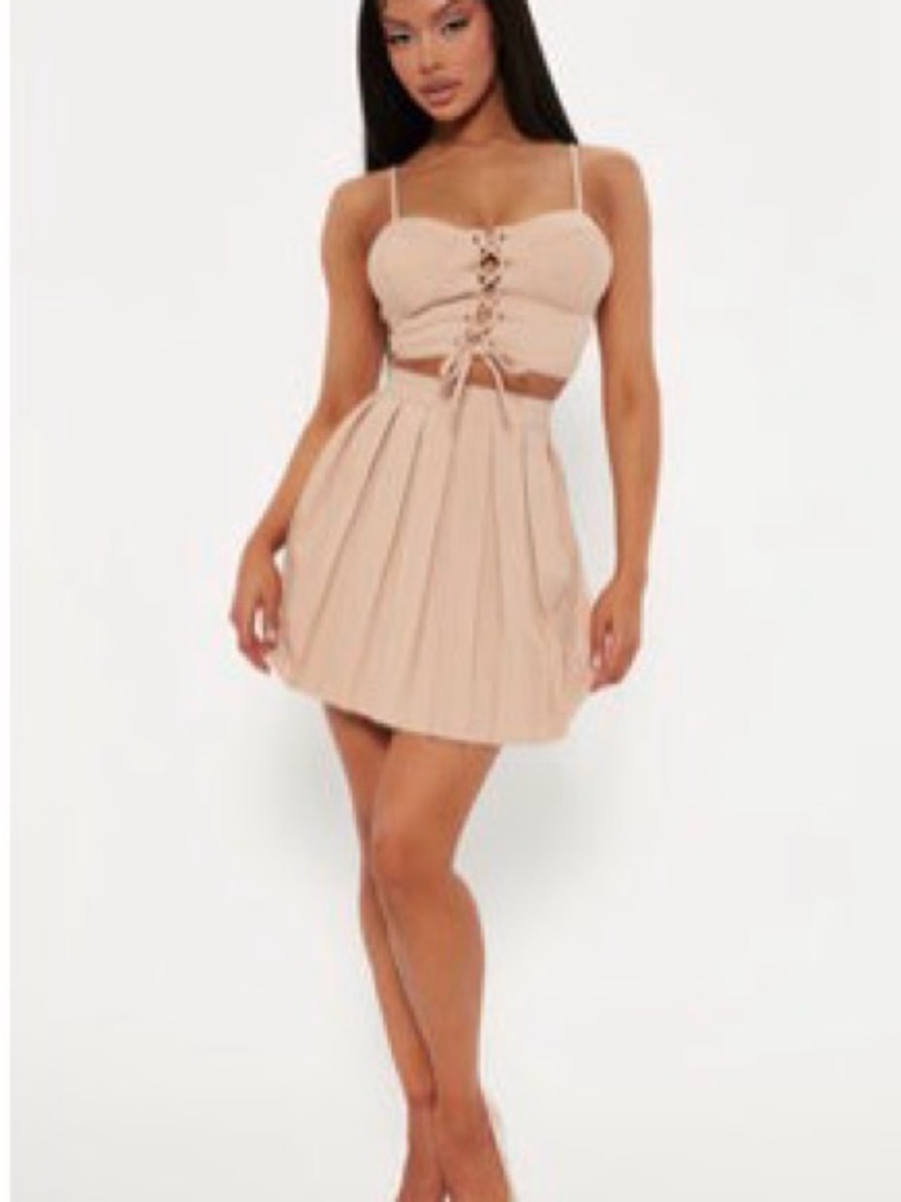 Beige Lace-Up Pleated Skirt Set
